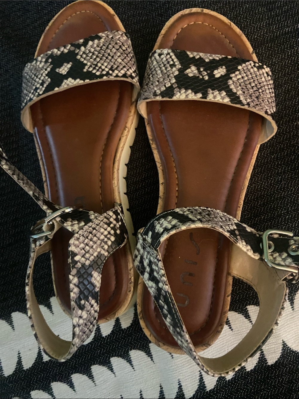 Women’s Snake-Print Ankle Strap Sandals - Black & Cream